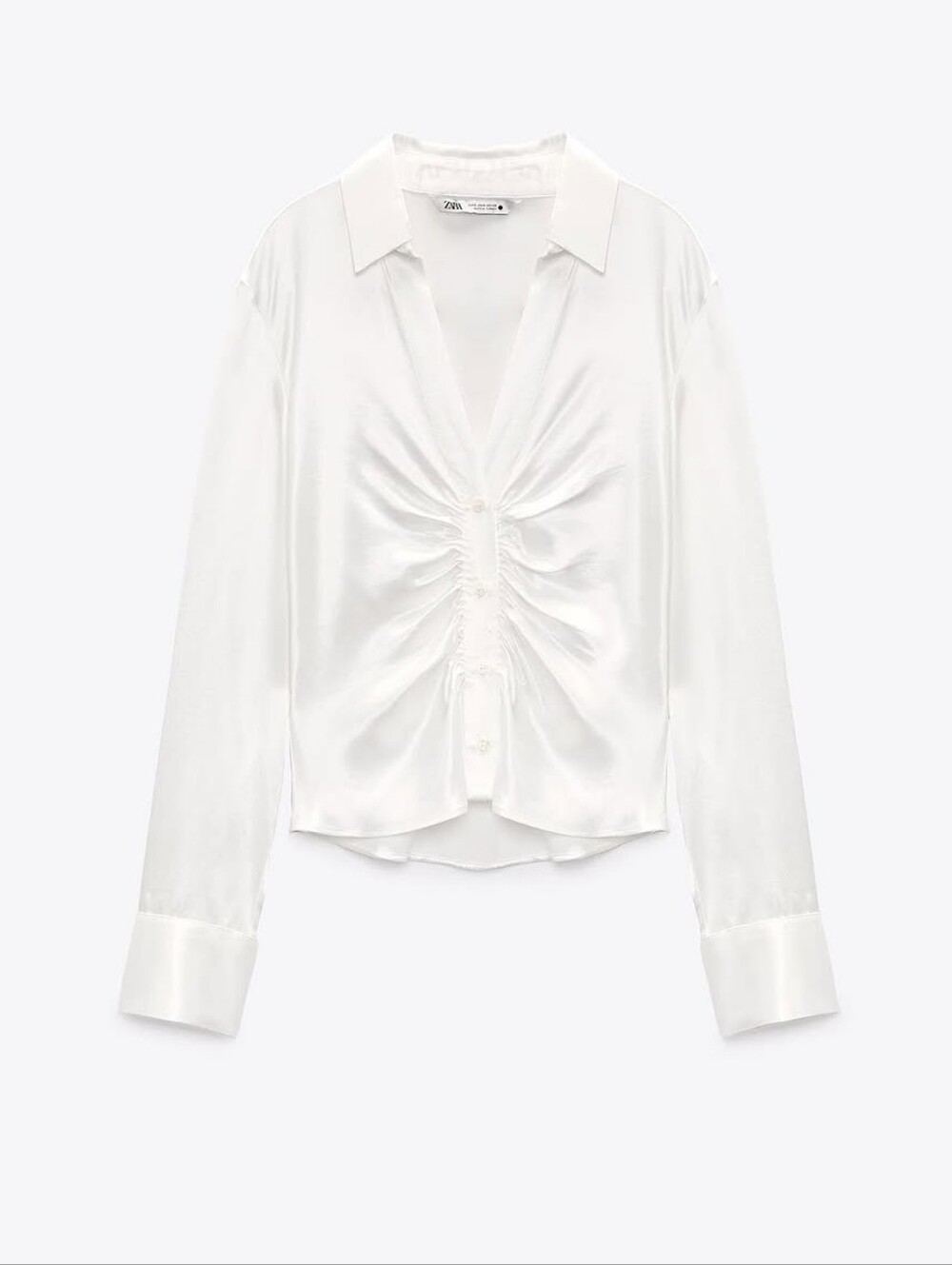 Zara White Satin Ruched Front Button-Down Shirt M NWOT